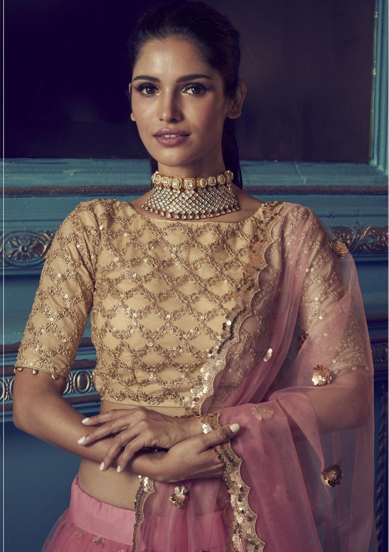 Beige Sequins Work Crepe Lehenga Set