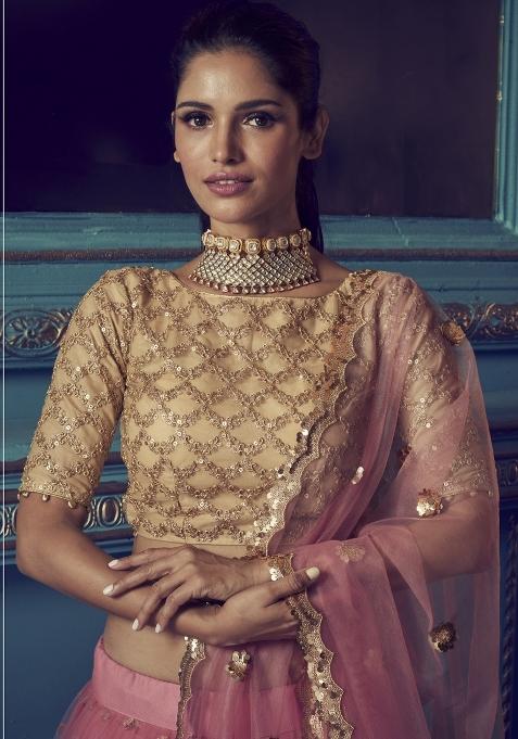 Beige Sequins Work Crepe Lehenga Set