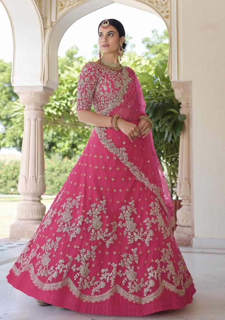 Pink Zari Work Crepe Lehenga Set - Indya