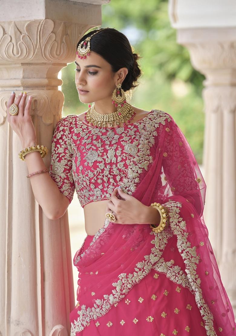 Pink Zari Work Crepe Lehenga Set - Indya