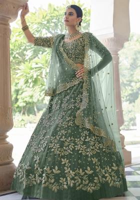 Green Zari Work Crepe Lehenga Set