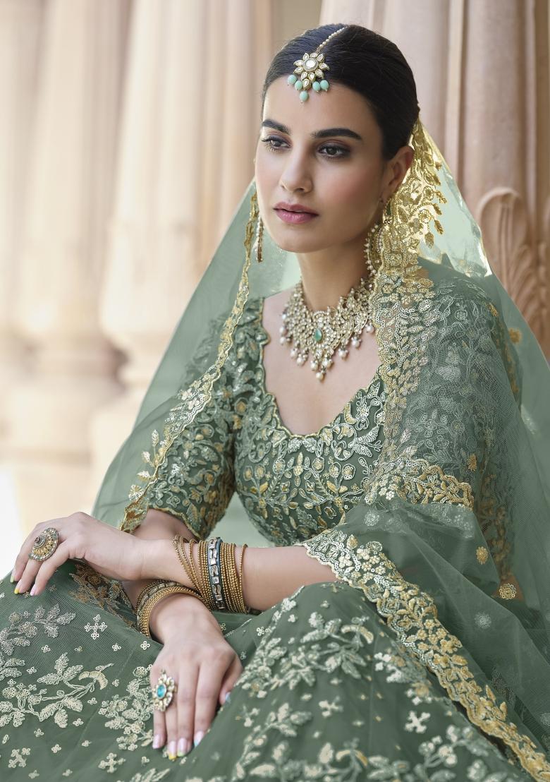 Green Zari Work Crepe Lehenga Set - Indya