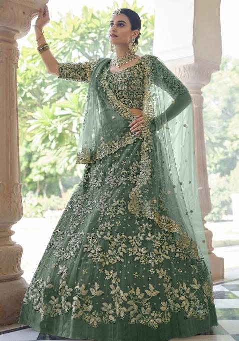 Green Zari Work Crepe Lehenga Set