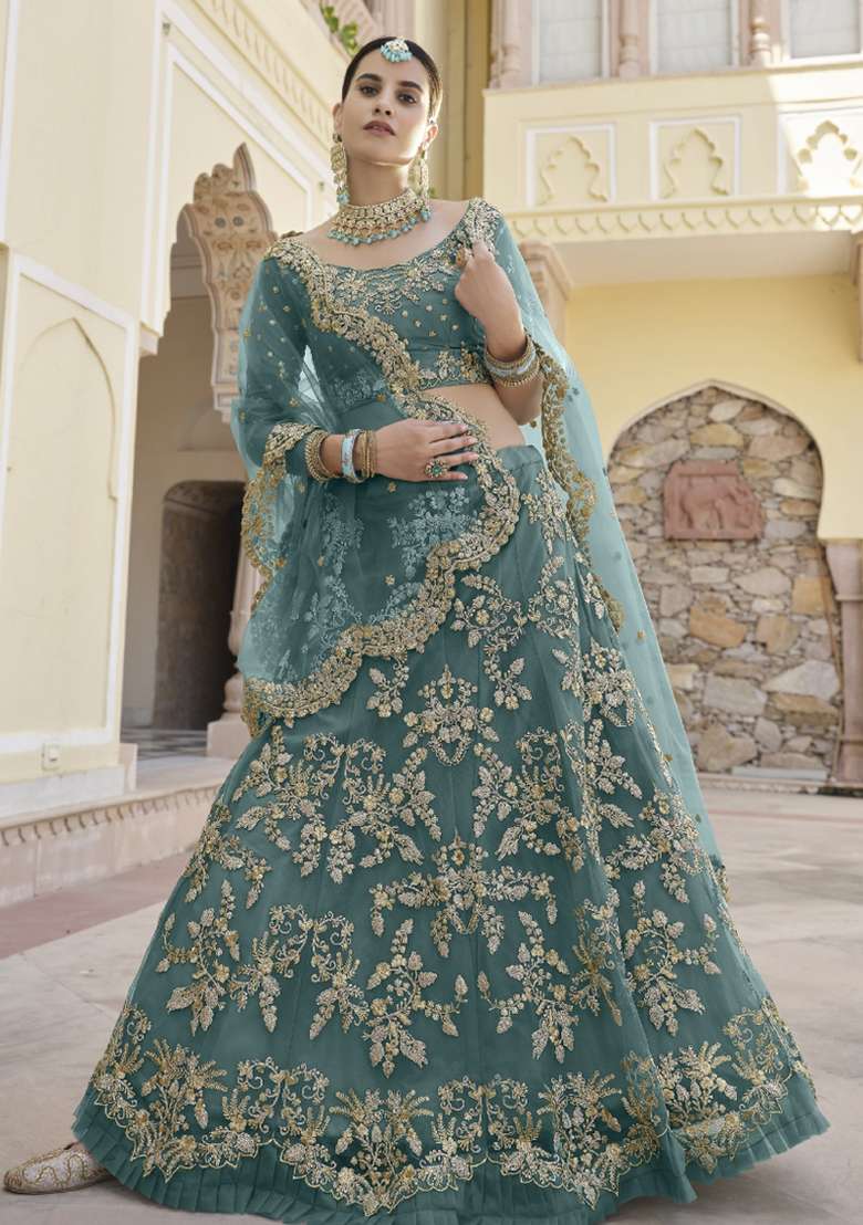 Turquoise Crepe Lehenga Set with Zari Work for Diwali | Wedding & Festive Wear - Indya