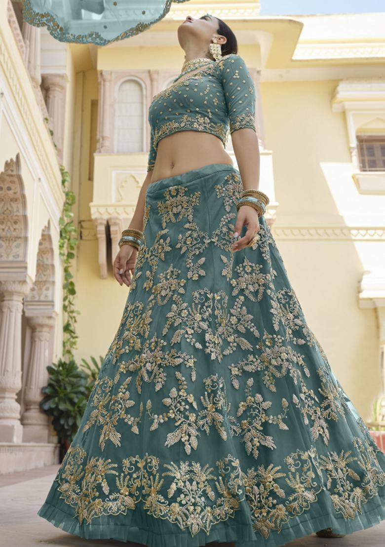Turquoise Zari Work Crepe Lehenga Set - Indya