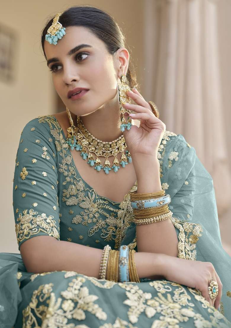 Turquoise Crepe Lehenga Set with Zari Work for Diwali | Wedding & Festive Wear - Indya