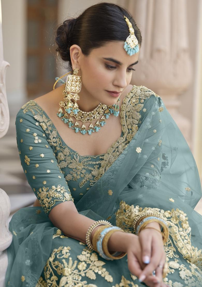Turquoise Zari Work Crepe Lehenga Set - Indya