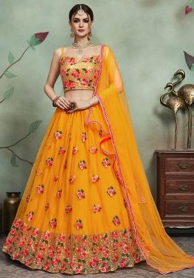 Yellow Thread Embroidery Crepe Lehenga Set