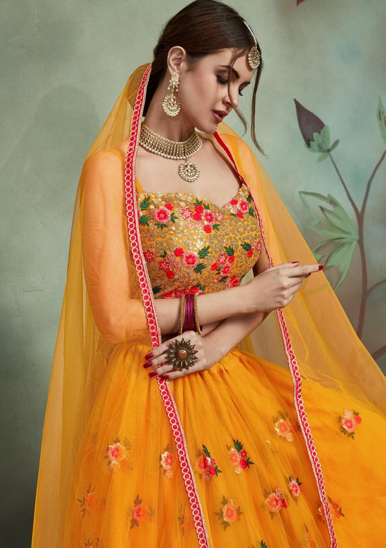 Yellow Thread Embroidery Crepe Lehenga Set - Indya