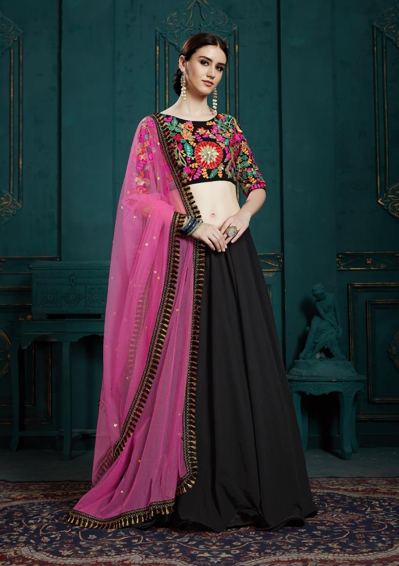Black Thread Embroidery Crepe Lehenga Set - Indya