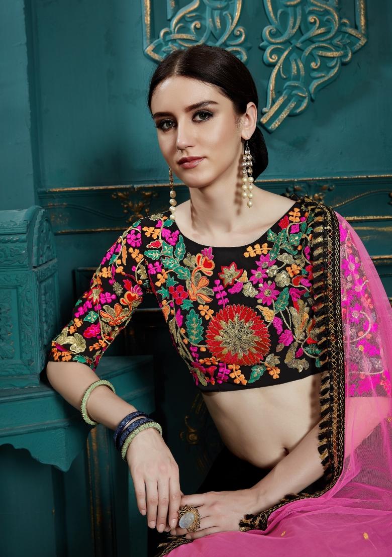 Black Thread Embroidery Crepe Lehenga Set - Indya