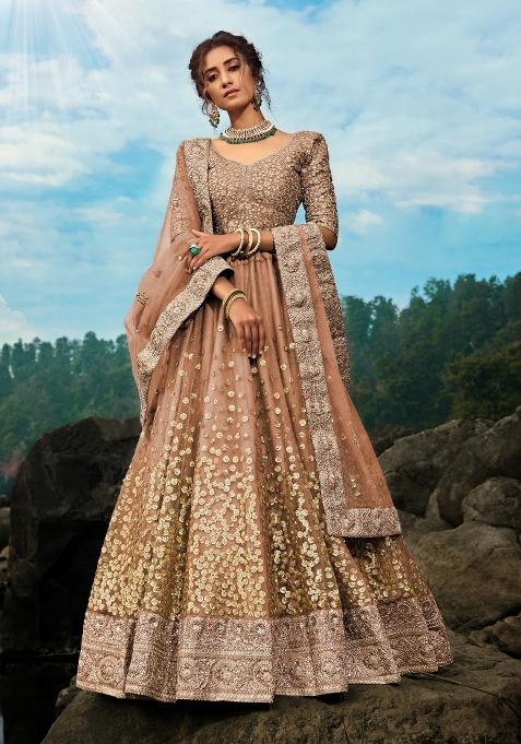 Brown Sequins Work Crepe Lehenga Set