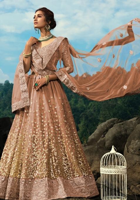 Brown Sequins Work Crepe Lehenga Set