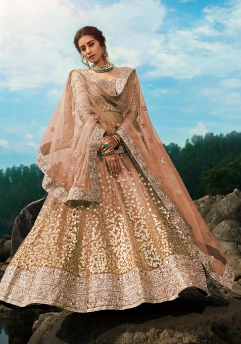 Brown Sequins Work Crepe Lehenga Set