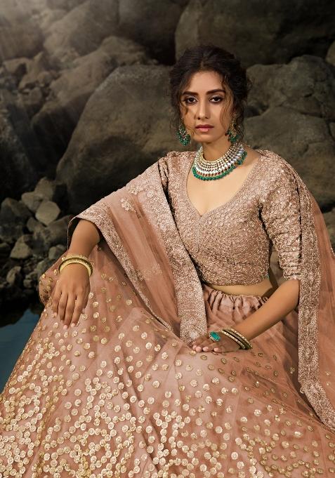 Brown Sequins Work Crepe Lehenga Set