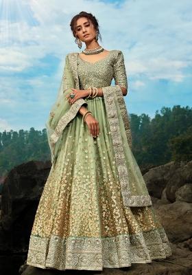 Green Sequins Work Crepe Lehenga Set