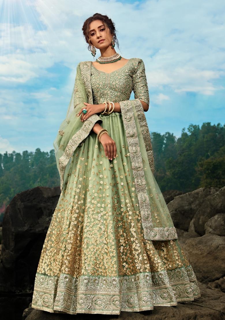 Green Sequins Work Crepe Lehenga Set