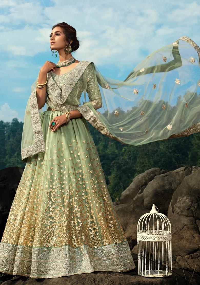 Green Sequins Work Crepe Lehenga Set