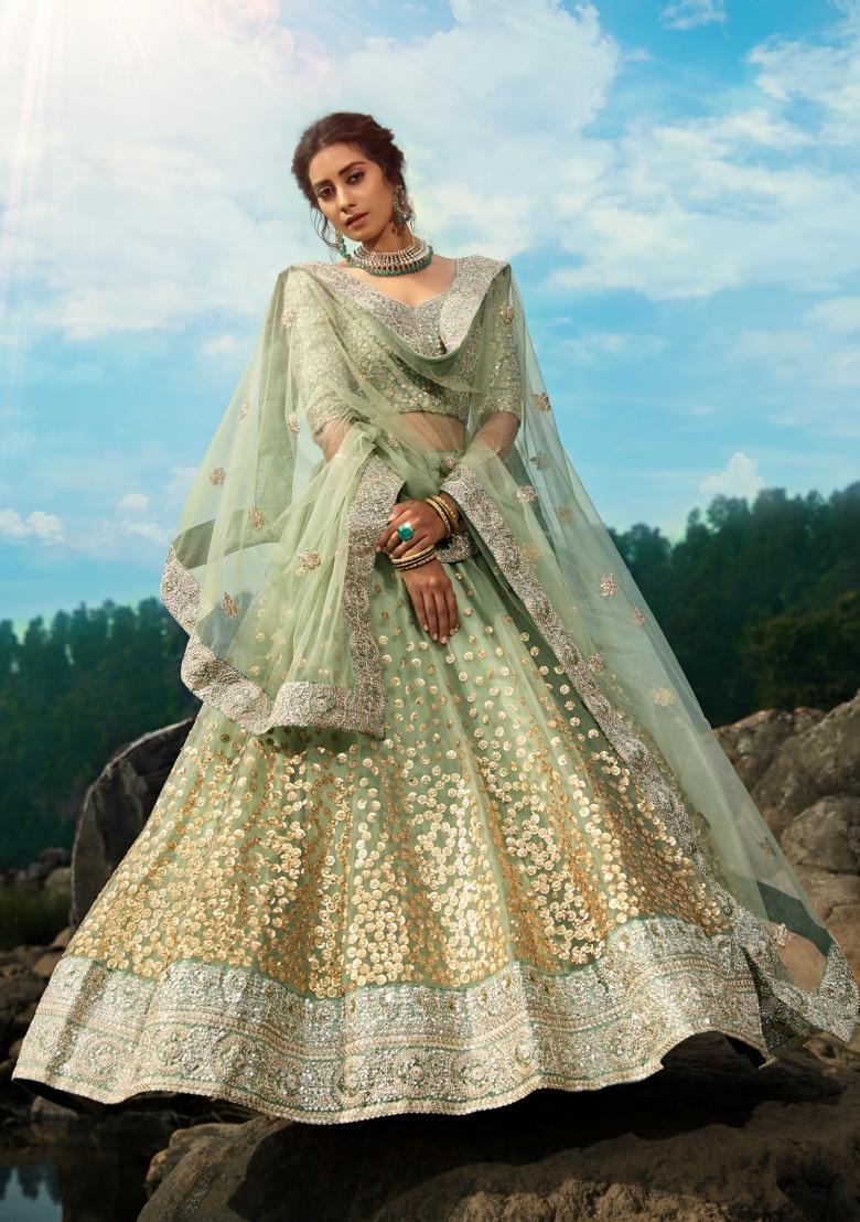 Green Sequins Work Crepe Lehenga Set