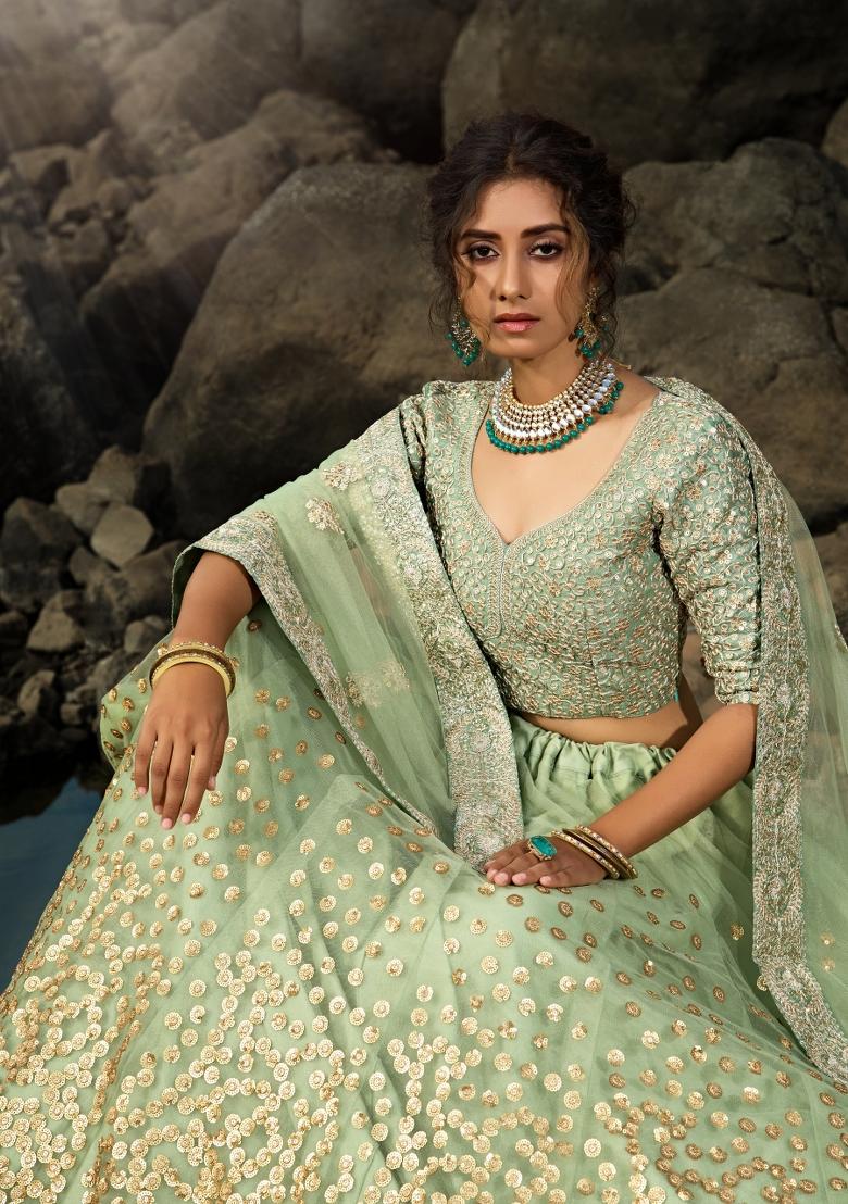 Green Sequins Work Crepe Lehenga Set