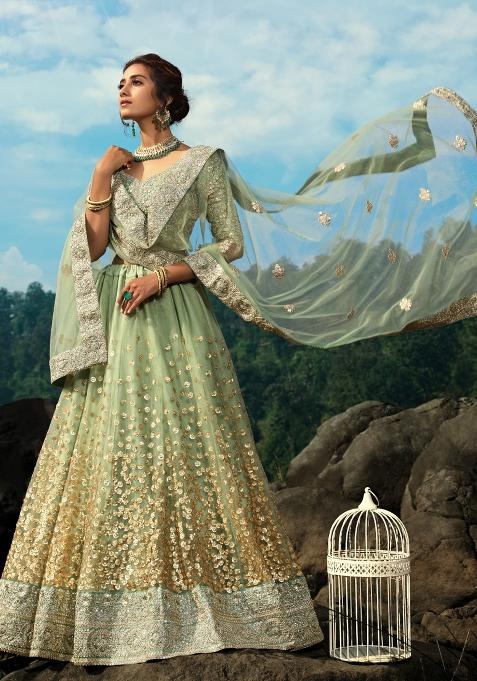 Green Sequins Work Crepe Lehenga Set