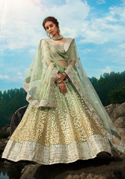 Green Sequins Work Crepe Lehenga Set