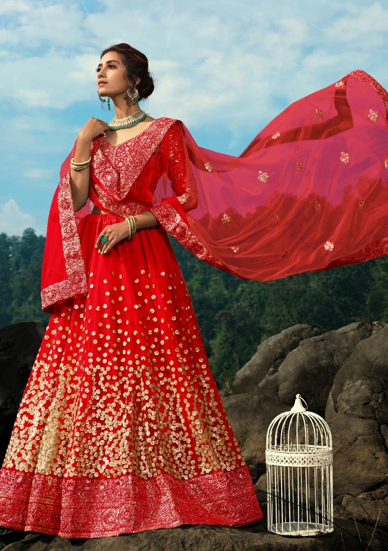 Red Sequins Work Crepe Lehenga Set - Indya
