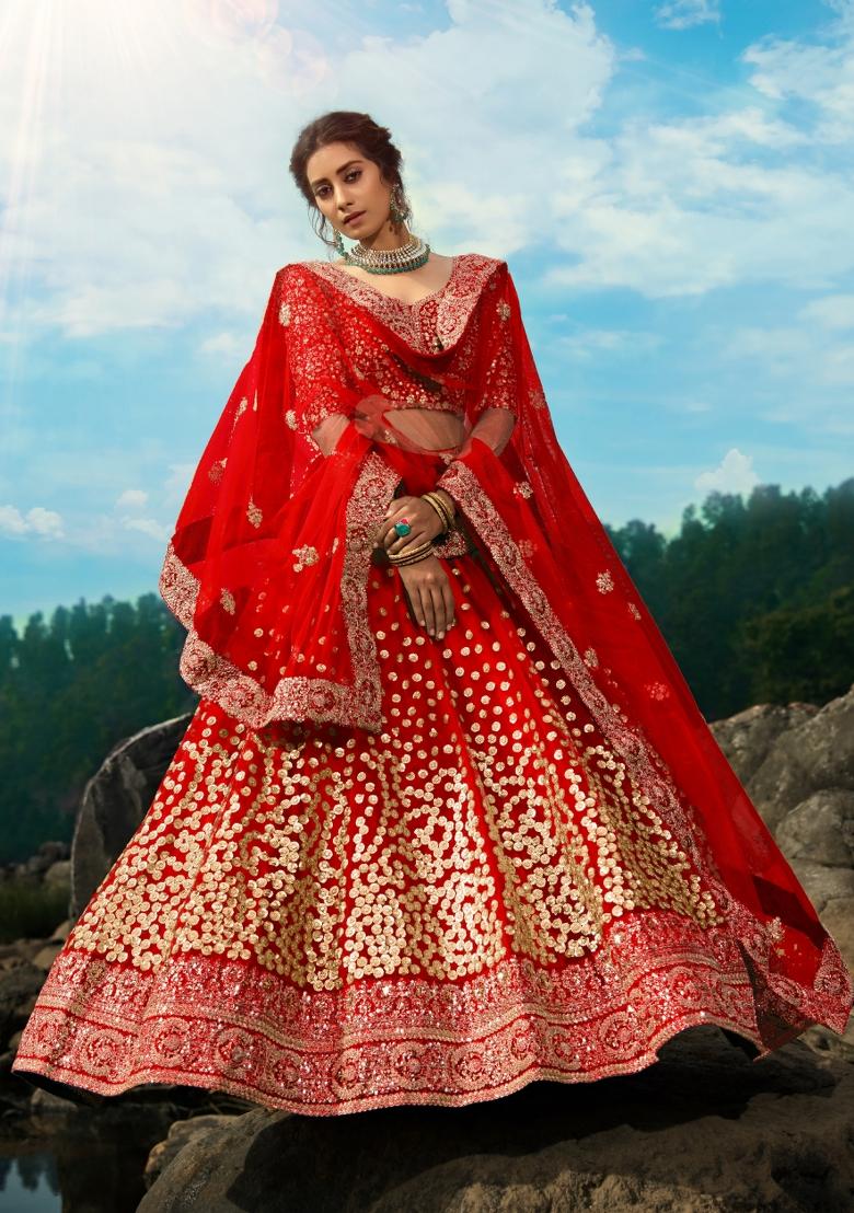 Red Sequins Work Crepe Lehenga Set