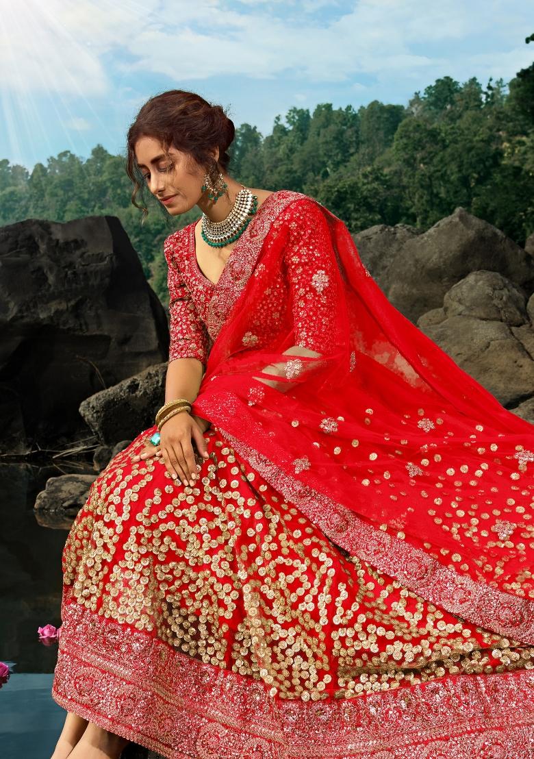 Red Sequins Work Crepe Lehenga Set - Indya