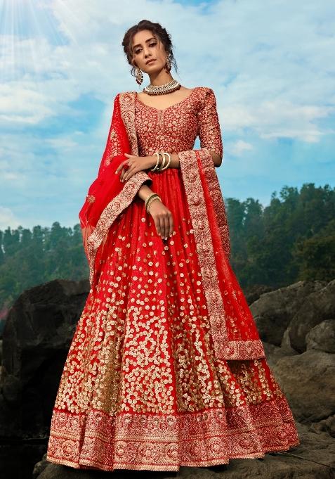 Red Sequins Work Crepe Lehenga Set
