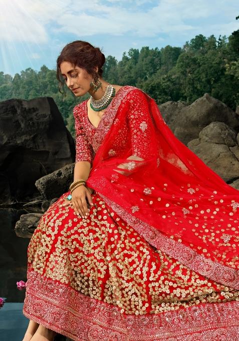 Red Sequins Work Crepe Lehenga Set