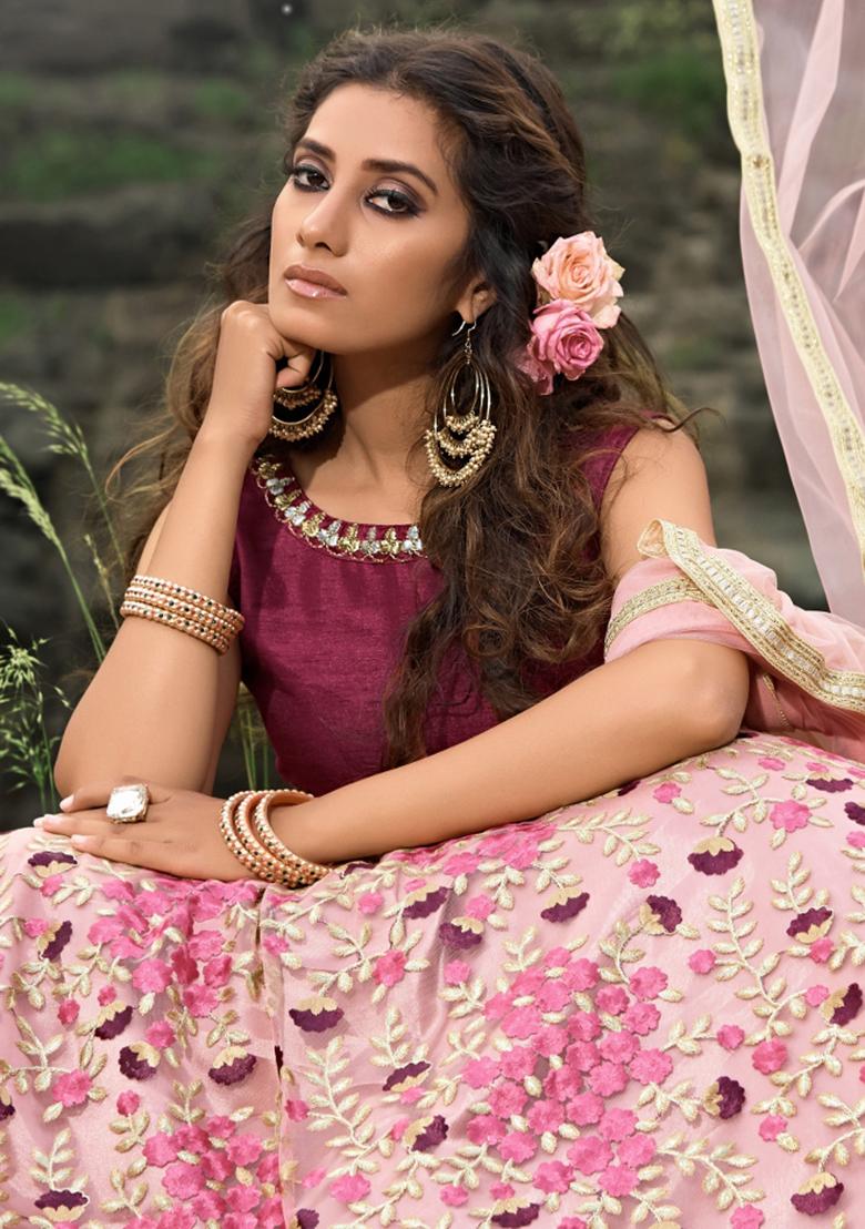 Wine Thread Embroidery Crepe Lehenga Set - Indya