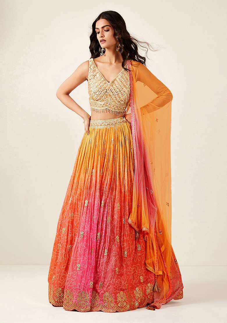 Orange Crepe Lehenga Set with Digital Print for Diwali | Wedding & Festive Wear - Indya