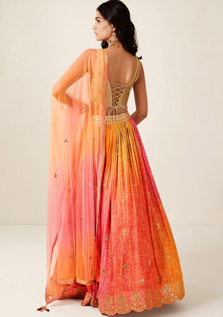 Orange Digital Print Crepe Lehenga Set - Indya