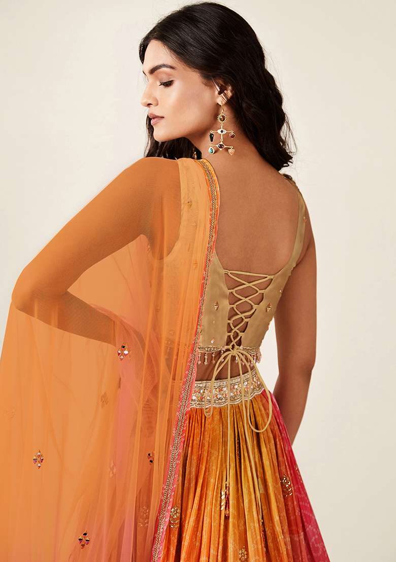 Orange Crepe Lehenga Set with Digital Print for Diwali | Wedding & Festive Wear - Indya