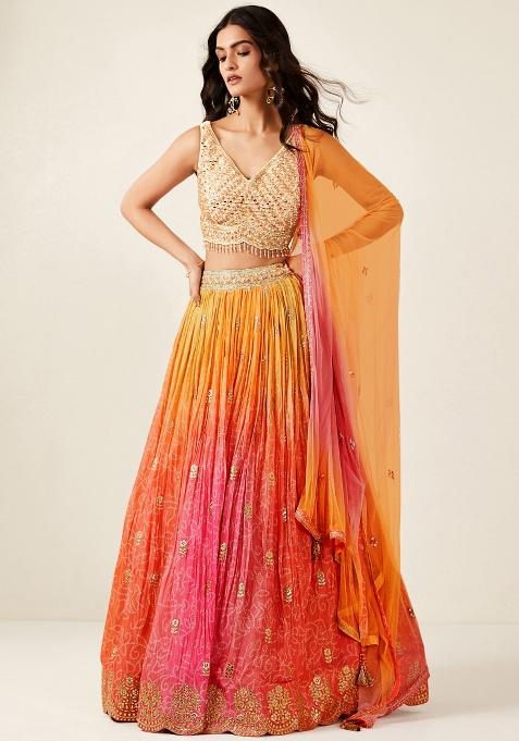 Orange Digital Print Crepe Lehenga Set