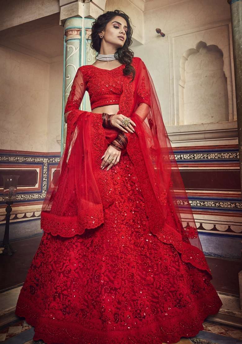 Red Thread Embroidery Crepe Lehenga Set for Diwali and Festive Wear - Indya