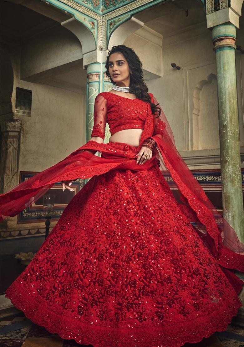 Red Thread Embroidery Crepe Lehenga Set - Indya
