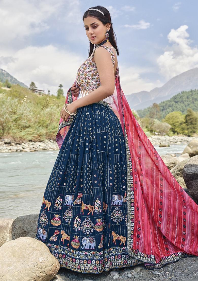 Blue Thread Embroidery Crepe Lehenga Set - Indya