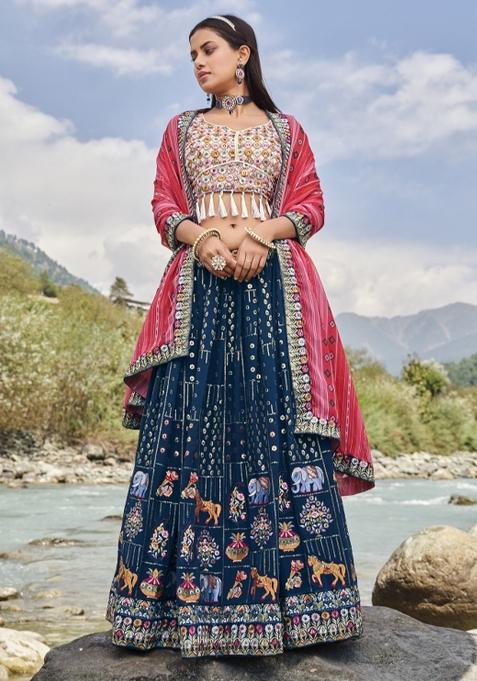 Blue Thread Embroidery Crepe Lehenga Set