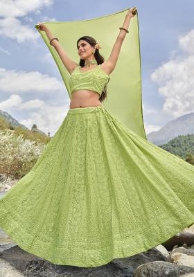 Light Green Thread Embroidery Crepe Lehenga Set