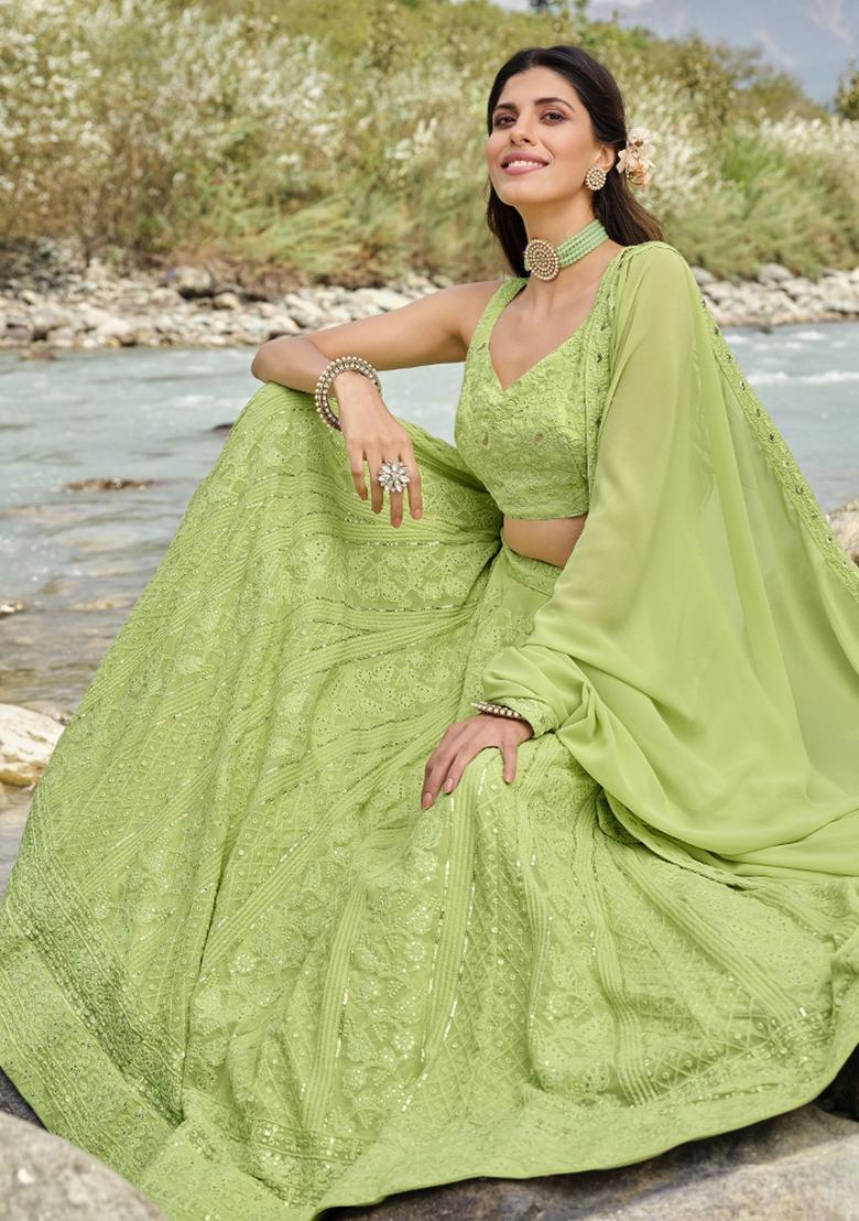 Light Green Thread Embroidery Crepe Lehenga Set - Indya
