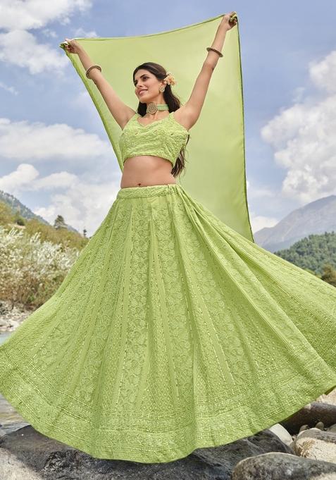 Light Green Thread Embroidery Crepe Lehenga Set
