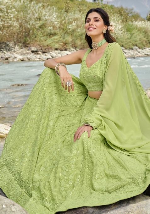 Light Green Thread Embroidery Crepe Lehenga Set