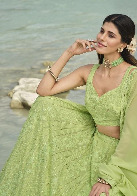 Light Green Thread Embroidery Crepe Lehenga Set