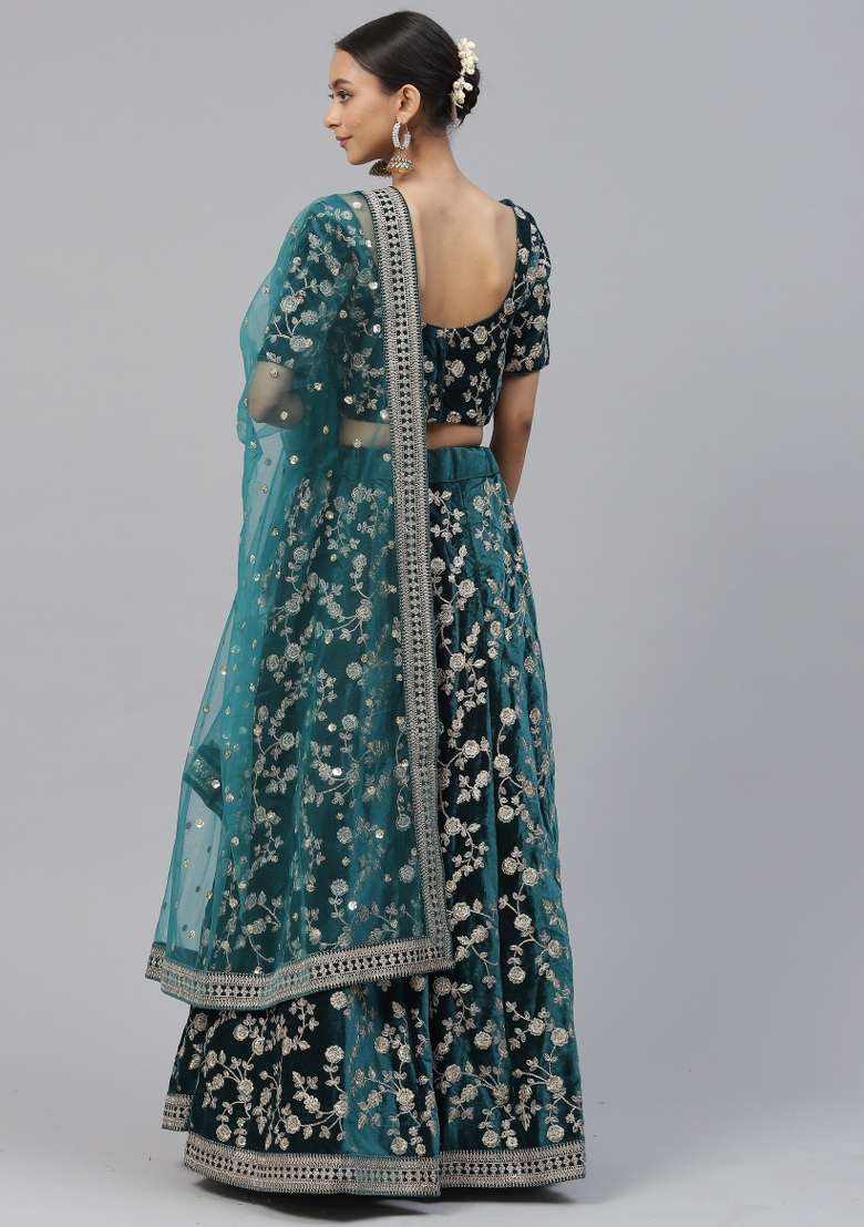 Turquoise Crepe Lehenga Set with Embroidered for Diwali | Wedding & Festive Wear - Indya