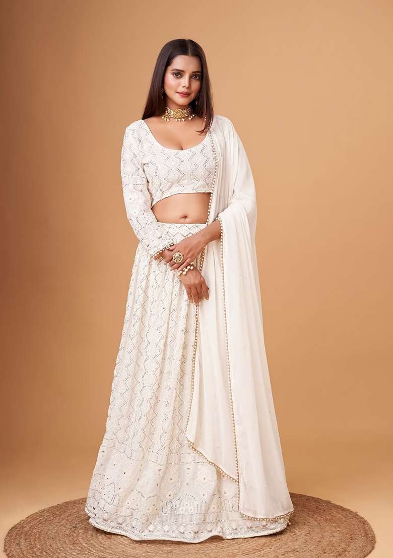 White Thread Crepe Lehenga Set with Embroidery for Diwali | Wedding & Festive Wear - Indya