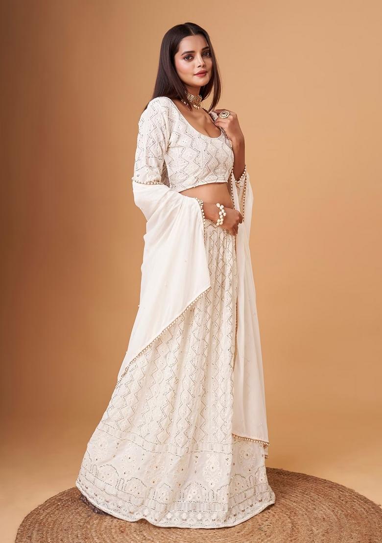 White Thread Embroidery Crepe Lehenga Set - Indya