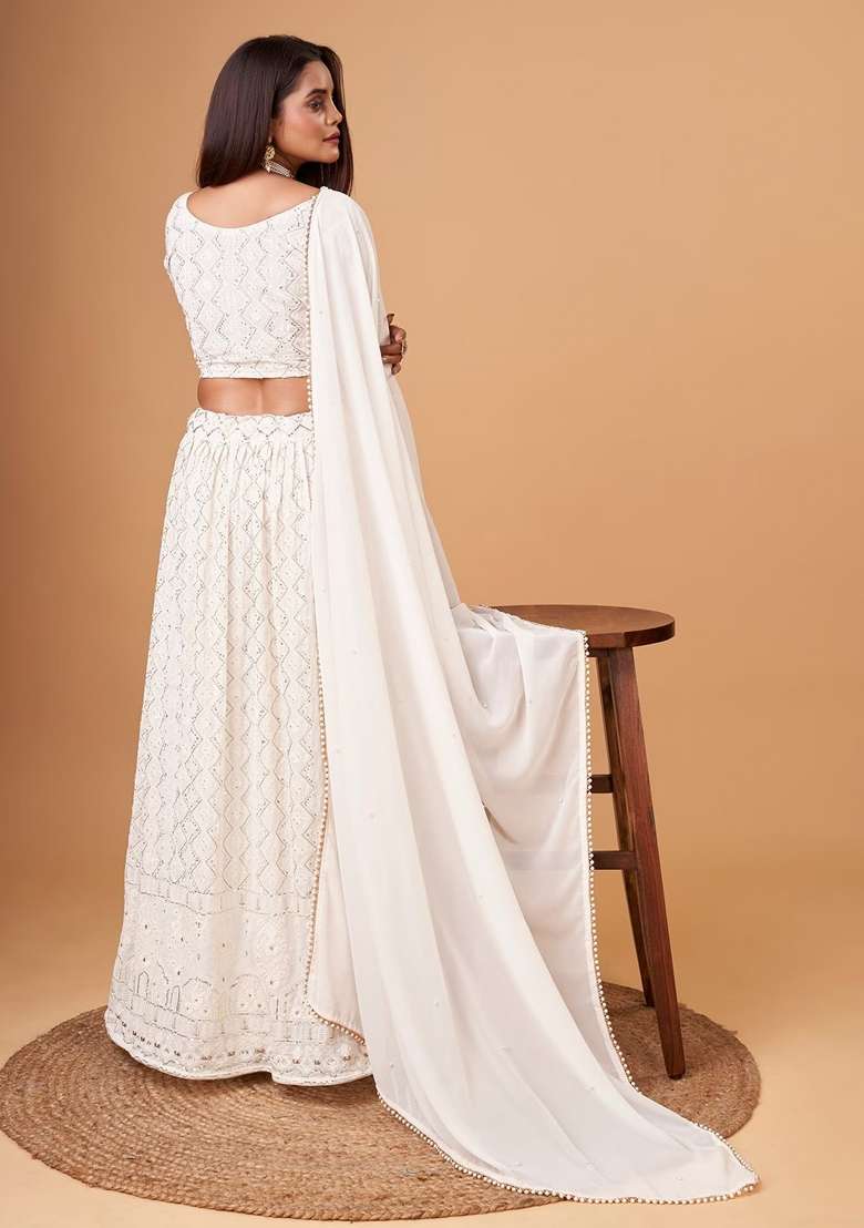 White Thread Crepe Lehenga Set with Embroidery for Diwali | Wedding & Festive Wear - Indya