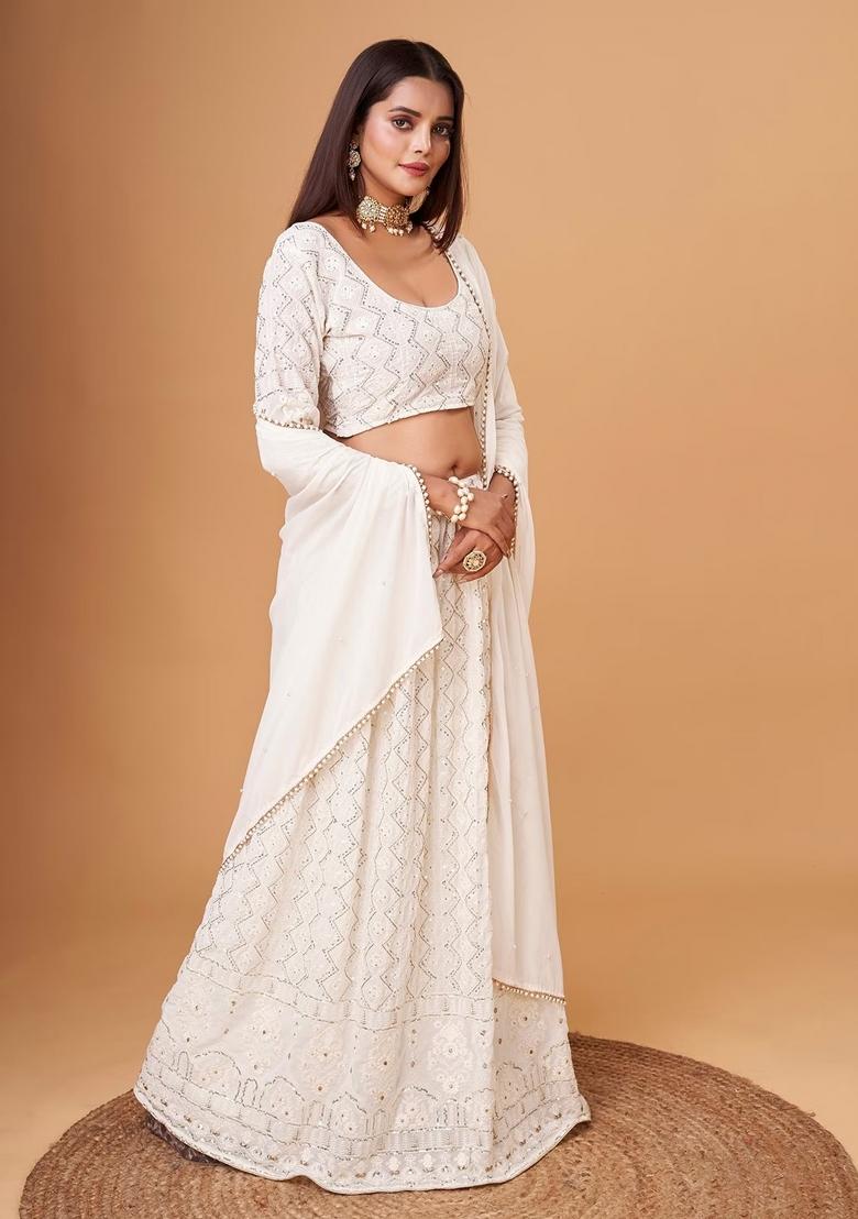 White Thread Embroidery Crepe Lehenga Set - Indya